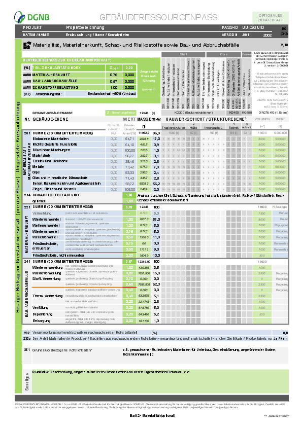 Optionale Zusatzblätter zum DGNB Gebäuderessourcenpass | Beispiel: Bestand