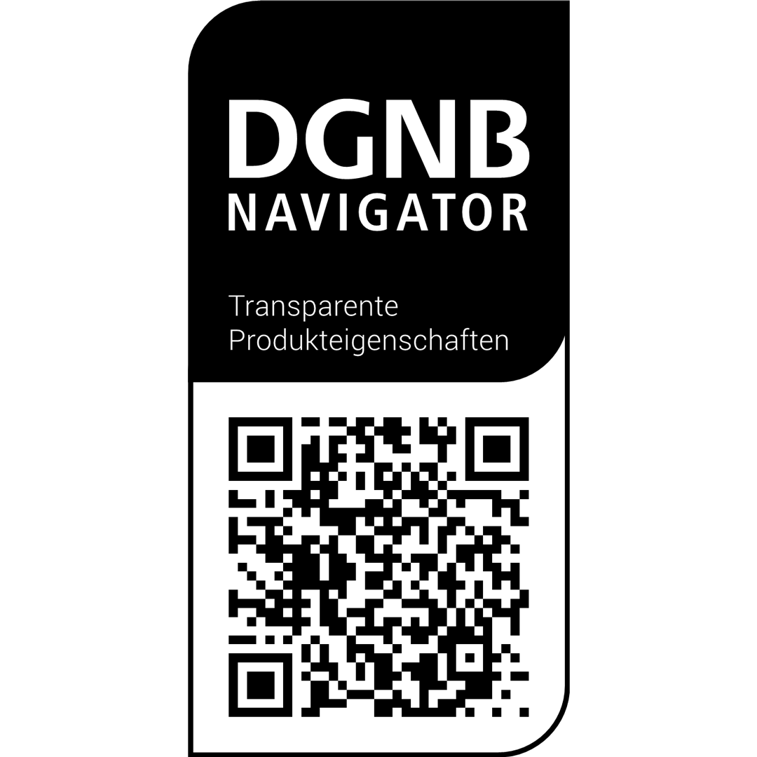 The graphic shows the DGNB Navigator label. In the upper section, the words ‘DGNB Navigator. Transparente Produkteigenschaften’ (meaning: Transparent product characteristics) appear in white lettering on a black background. In the lower section, a QR code is shown on a white background.