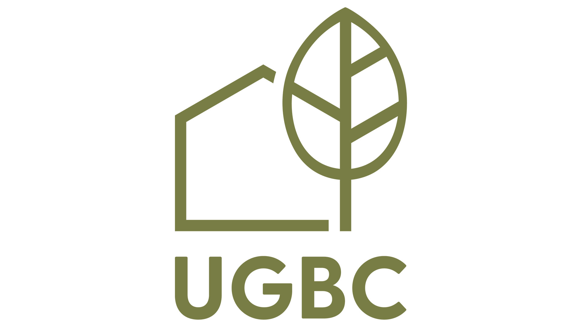 Logo des Ukrainian Green Building Council. Grün auf weißem Untergrund. Der Schriftzug im Bild lautet UGBC.