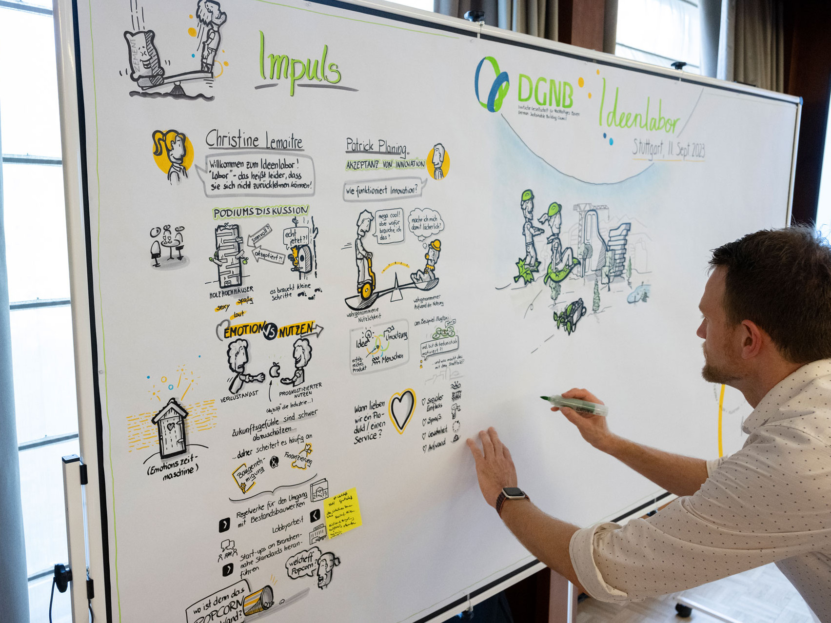 DGNB Ideenlabor: Graphic Recording Person erstellt ein Graphic Recording an einer großen weißen Tafel zum DGNB Ideenlabor 2023.
