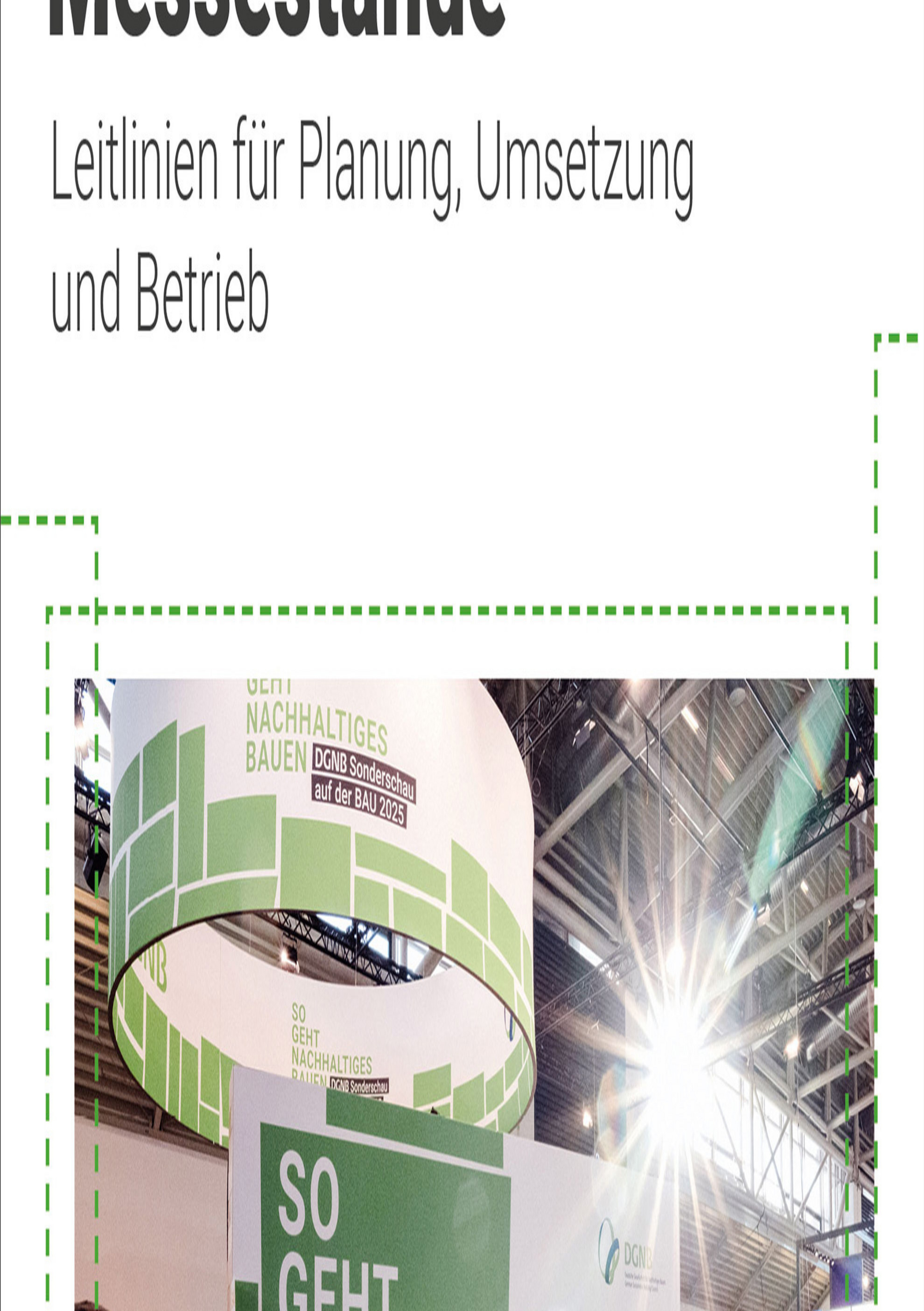 DGNB Pressebild Cover des Leitfadens "Nachhaltige Messestände: Leitlinien für Planung, Bau und Betrieb" mit Aufnahme des DGNB Messestandes zur BAU 2025.
