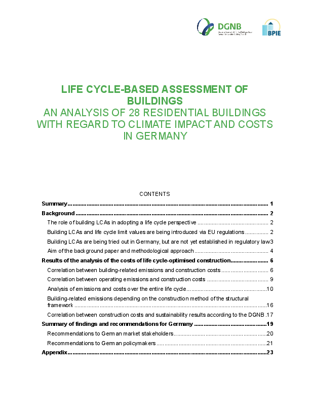 Life cycle-based assessment of buildings an analysis of 28 residential buildings with regard to climate impact and costs in Germany