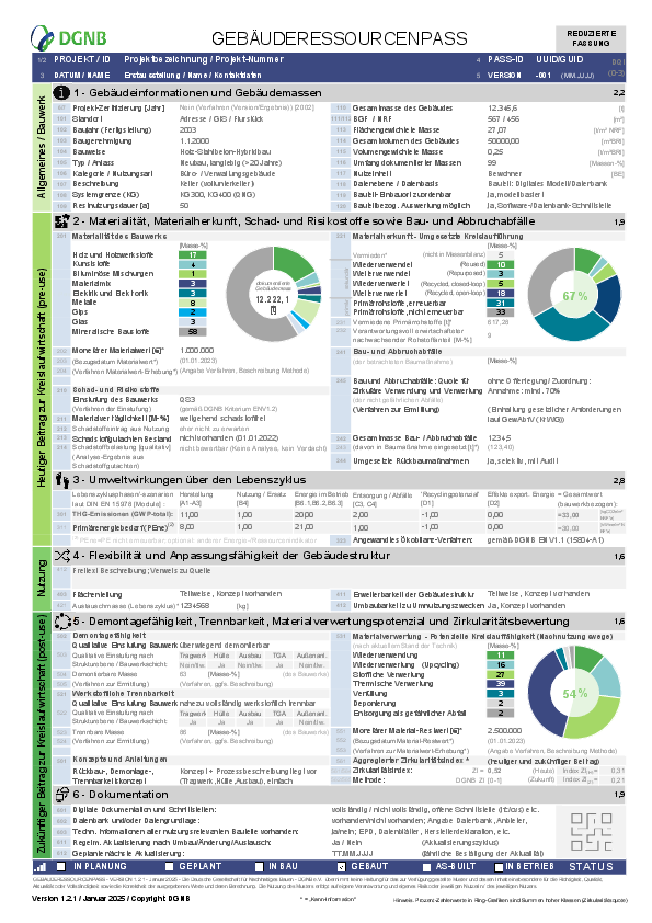 DGNB Gebäuderessourcenpass | Beispiel: Neubau, reduzierte Fassung