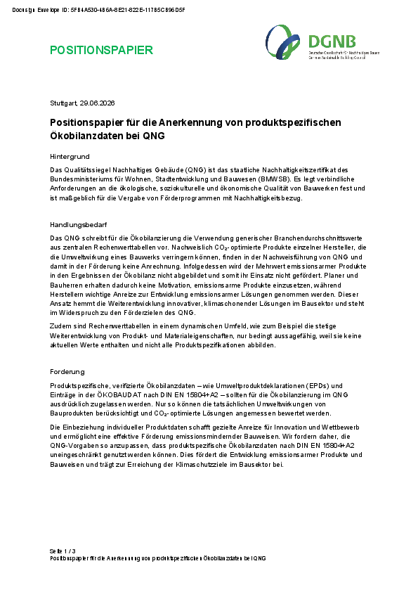 Positionspapier für die Anerkennung von produktspezifischen Ökobilanzdaten bei QNG